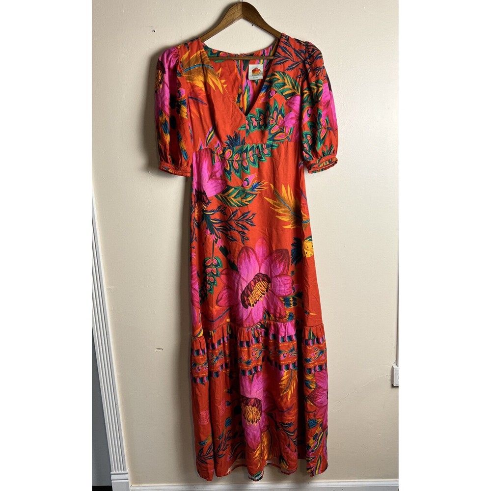 Farm Rio Maxi Flowers V-Neck Maxi Dress XS Pink Orange Floral Boho Missing Belt